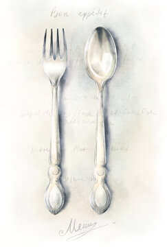 Elegant watercolor hand drawn illustration of vintage silver fork and spoon lying on a soft paper menu background with blurred handwritten text. Romantic light toned restaurant top view mockup