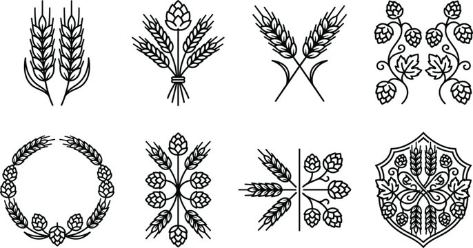 Wheat and Hops Branch Line Icon Set with Beer Brewery Crest and Wreath Symbols for Vector Branding Designs
