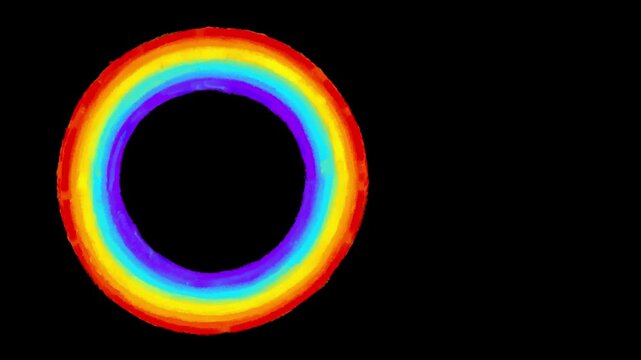 Rainbow color cirle creates seamless loop on black. Hand drawn cute texture cartoon crazy animation cartoon style frame by frame classic crayon paint old style animated dynamic background.