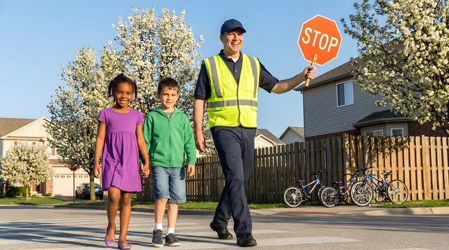 A friendly crossing guard holding a bright stop sign helps two young children walk safely across a sunny neighborhood street