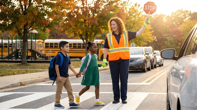 Friendly school crossing guard holding a stop sign while guiding two young children safely across the busy suburban street intersection