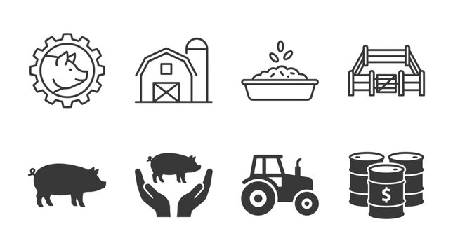 Set of agricultural and pig farming icons featuring barns tractors livestock feed agriculture livestock industry