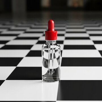 A mockup of a skincare product bottle with a red dropper cap sits on a black and white checkered surface in a room.