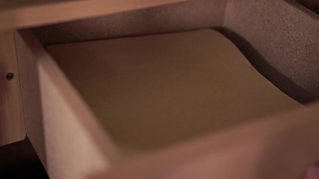hand pull out a wooden drawer shut. Home organization, furniture detail, storage solution, and daily living concept.