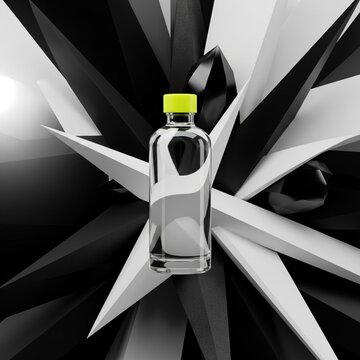 A mockup of a clear skincare product bottle with a yellow cap is showcased on a geometric background for a new product launch.