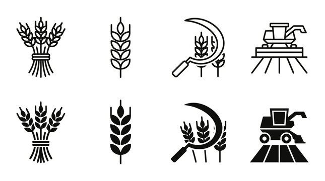 Set of harvesting and wheat crop farming icons with sickle and combine harvester agriculture collection