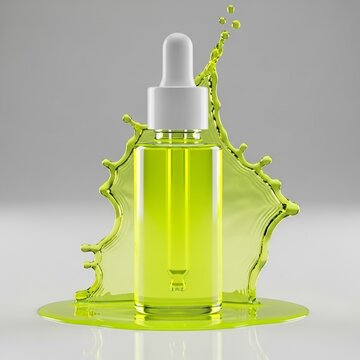 The mockup of a skincare product showcases a vibrant green liquid splashing around a dropper bottle on a clean surface.