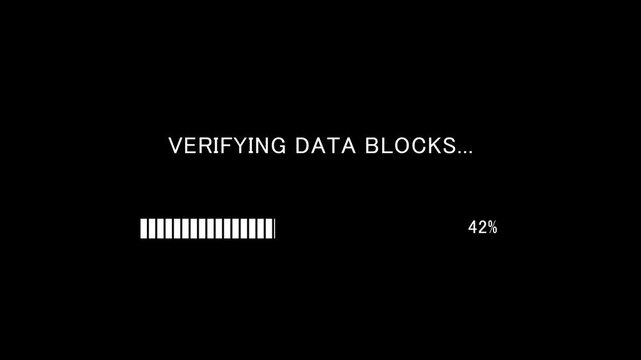 Video of loading progress bar with on-screen text verifying data blocks on black background