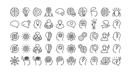 Comprehensive collection of line art brain and thinking icons representing psychology creativity innovation and intelligence concepts © Dabu