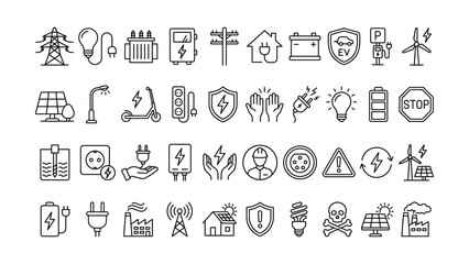 Extensive collection of electricity and energy icons representing power infrastructure renewable sources electric vehicles and safety elements © Dabu