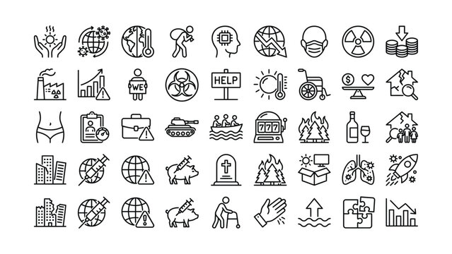 Comprehensive collection of modern outline icons illustrating global issues social challenges and contemporary problems