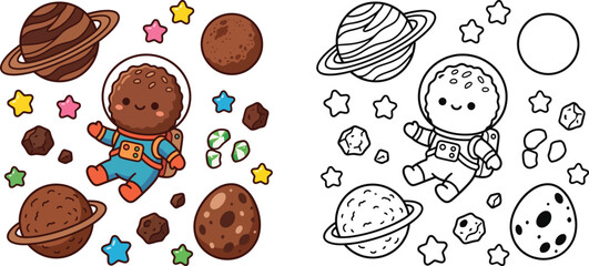 Cute Rice Astronaut with Planets and Space Elements Color and Line Art Activity Set © Mehrab