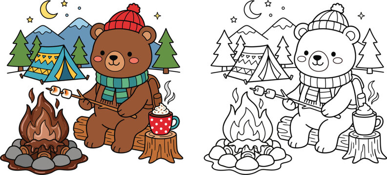 Cute Camping Bear Roasting Marshmallows at Night Color and Line Art Activity Set
