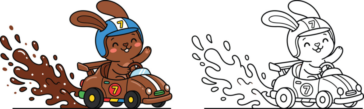 Cute Chocolate Bunny Driver in a Mini Go Kart with Mud Splash Color and Line Art Set