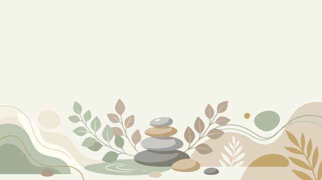 Zen spa wellness background with stacked stones water ripples and botanical leaves