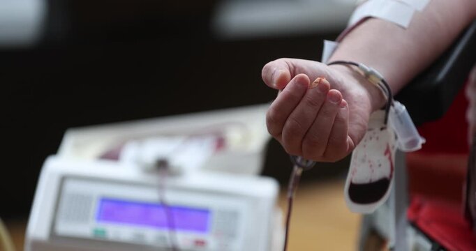 Blood donor hand detail during blood donation procedure