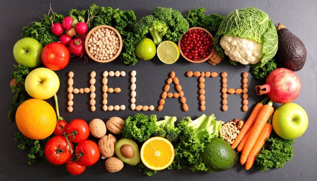 The word Helath spelled out using fresh vegetabes and fruits