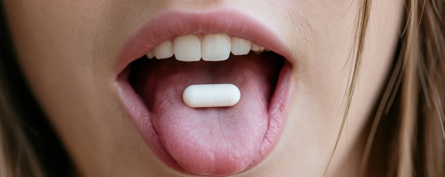 Close up of  person holding  single white medical capsule pill on their tongue inside open mouth
