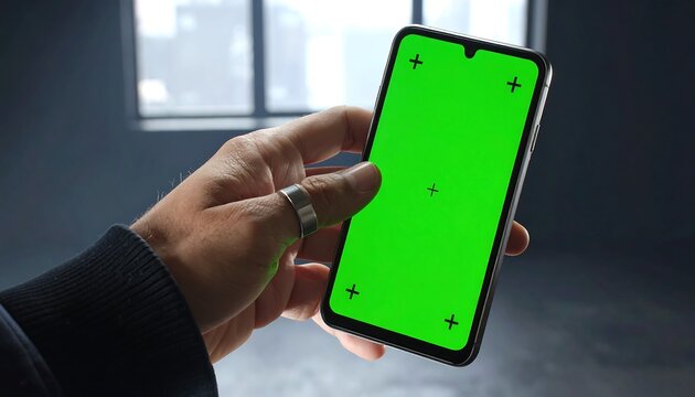 Male hand holding smartphone featuring green screen with tracking points for video production