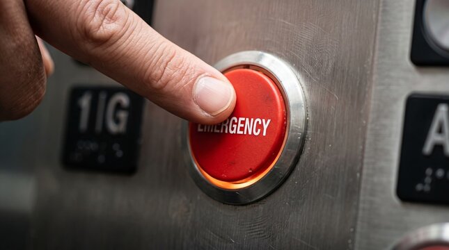Close-up view of a passenger's finger pushing the glowing red emergency button inside an elevator.