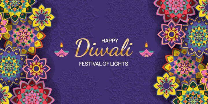 Diwali Deepavali festival of lights holiday design with diya, Indian Rangoli, purple, violet, yellow background