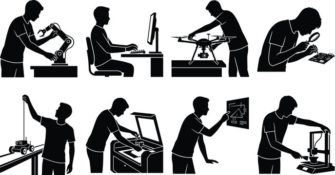 Set of black silhouettes showing people working with modern technology, robotics, 3D printing, and engineering processes