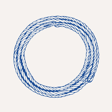 Twisted rope arranged as a circular frame with an open center. Nautical decoration, maritime craft and coastal design concept. For labels, monograms and badges. Blue hand drawn line art.