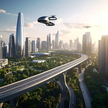 Futuristic city with aerial transport and sky-high buildings