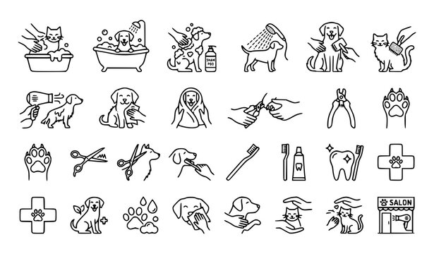 Pet Grooming and Veterinary Care Line Icon Set with Dog Bathing, Cat Brushing, Nail Trimming, Dental Cleaning, and Salon Shop Symbols for Animal Wellness Vector Graphic Designs