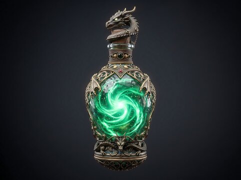 Mystic Alchemy Elixir Bottle with Swirling Green Magic Glow and Detailed Metal Relief