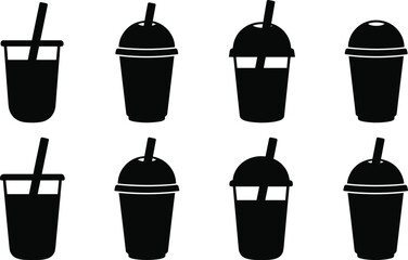 Set of plastic cup silhouettes with straws and dome lids for cold beverages and smoothies © MdAbdur