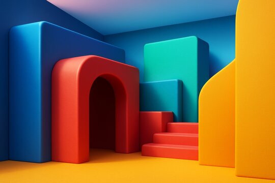 Abstract colorful geometric shapes forming a modern interior scene with smooth textures and soft lighting in a surreal architectural space. Ai generative