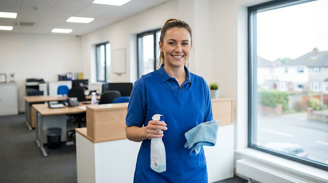 woman cleaner portrait in blue apron, office and home housekeeping and cleaning service