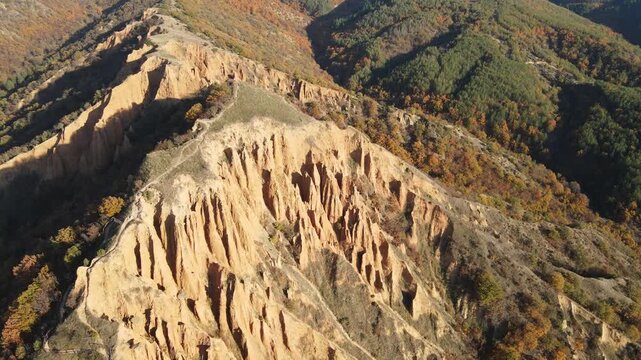 Aerial Sunset view of rock formation Stob pyramids, Rila Mountain, Kyustendil region, Bulgaria