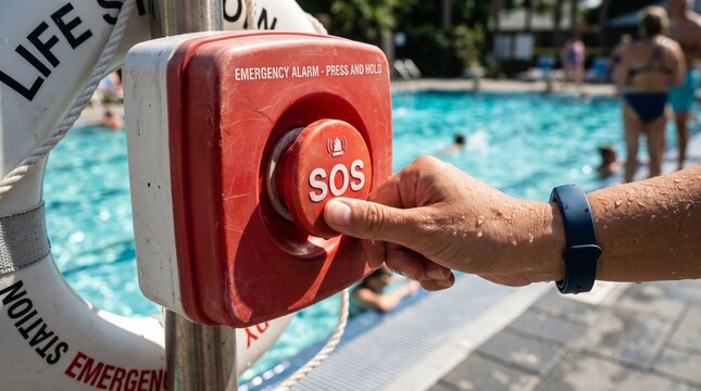 Close-up of a hand pressing a red SOS emergency button near a crowded public swimming pool.