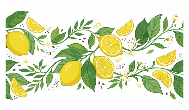 Juicy lemon seamless vector pattern with tropical leaves and citrus blooms for summer wallpaper and textile art.