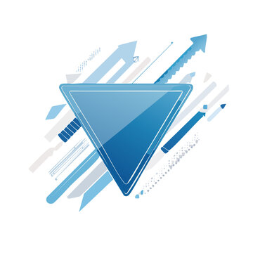 Blue triangle with abstract shapes and arrows