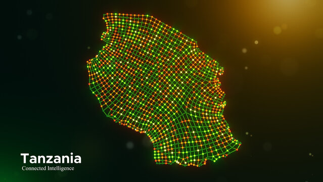 Tanzania connected intelligence concept featuring a digital node network map and modern typography on a vibrant green yellow orange technology background with glowing bokeh lights.
