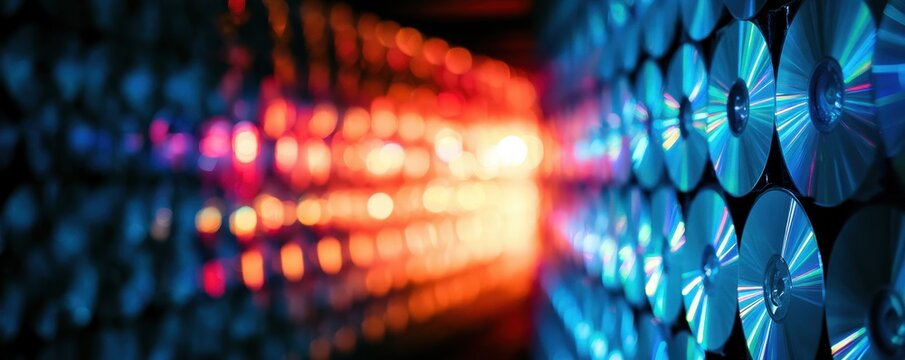Rows of reflective compact discs arranged in perspective with orange and blue light bokeh effects