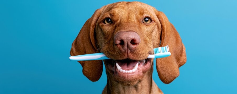 Vizsla dog holding  blue toothbrush in its mouth looking directly at the camera