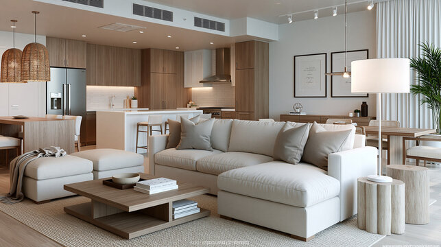 Modern living room with neutral furniture and soft lighting