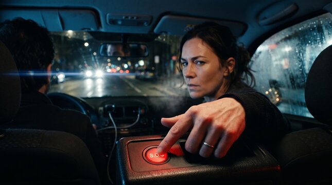 A focused female driver reaches down to press an illuminated red panic button on the dashboard.
