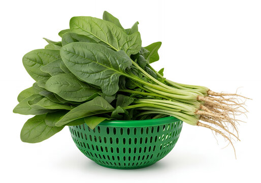A freshly harvested spinach bundled in a green plastic colander basket, isolated on a pure white background