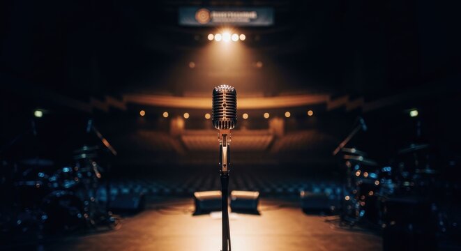 A vintage microphone stands center stage with dim lighting