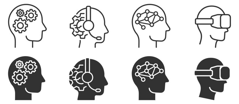 Set of human head icons with gears, headset, neural network, and virtual reality headset technology symbols on transparent background