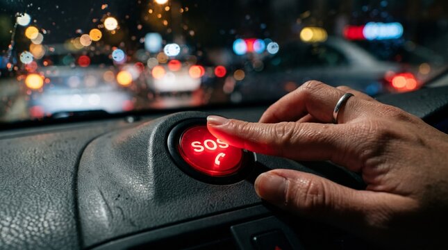 Close-up of a driver's hand pressing a bright red SOS button on the dashboard amidst city traffic.