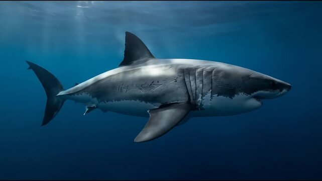 Great white shark swimming through deep blue ocean water in this cinematic high quality underwater motion video animation scene now