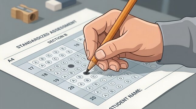 Vector illustration of student filling test answer sheet bubbles