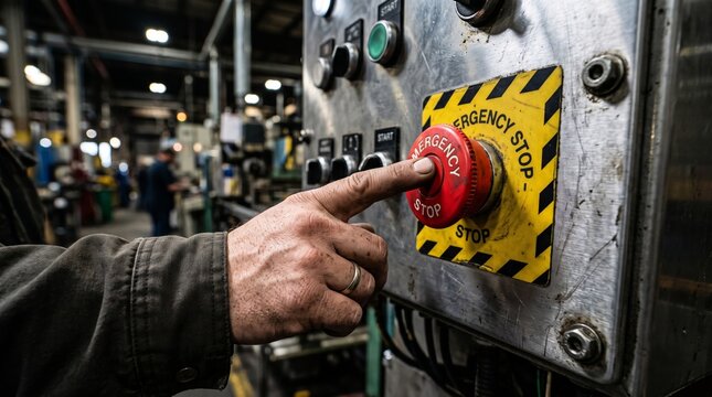 A worker's hand firmly pushing a large, bright red emergency stop button on industrial machinery.