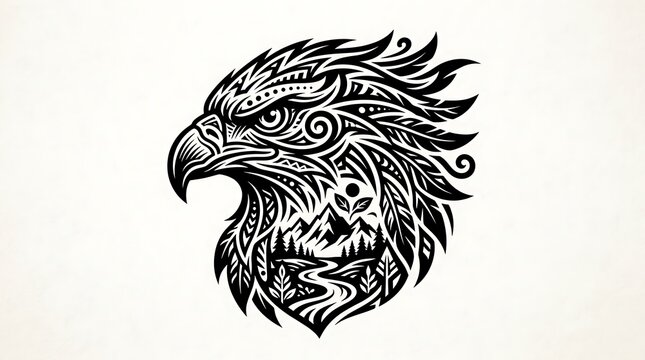 Intricate black and white ram head illustration.